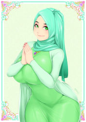 Rule 34 | breasts, dress, green eyes, green skirt, hands on own chest, highres, hijab, jewelry, looking at viewer, nigaw, original, own hands together, skirt, smile, solo