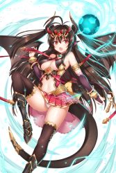 Rule 34 | 1girl, ahoge, armor, ball, bare shoulders, beatrice (soccer spirits), breasts, bridal gauntlets, brown hair, brown thighhighs, dragon girl, dragon horns, dragon tail, dragon wings, fang, greaves, headgear, horns, long hair, navel, official art, open mouth, panties, pantyshot, red eyes, revealing clothes, serin199, skirt, soccer ball, soccer spirits, solo, tail, thighhighs, twintails, two side up, underboob, underwear, white panties, wings
