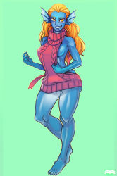 Rule 34 | 1girl, andava, aran sweater, backless outfit, barefoot, blonde hair, blue lips, blue skin, blush, breasts, cable knit, colored skin, fang, fingernails, fins, forehead, full body, green background, grin, head fins, highres, long hair, medium breasts, meme attire, monster girl, naked sweater, original, sharp fingernails, sharp toenails, sideboob, smile, solo, standing, sweater, thighs, toenails, turtleneck, turtleneck sweater, virgin killer sweater, yellow eyes