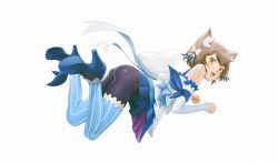 Rule 34 | 1boy, :3, :d, animal ear fluff, animal ears, ass, bare shoulders, black pantyhose, blue footwear, blue thighhighs, bow, brown hair, cat boy, cat ears, cat tail, detached sleeves, feet up, felix argyle, floating, from side, hair bow, high heels, highres, k19, looking back, male focus, open mouth, pantyhose, paw pose, re:zero kara hajimeru isekai seikatsu, shoe soles, shoes, short hair, simple background, smile, solo, striped clothes, striped pantyhose, striped thighhighs, tail, thighhighs, thighs, trap, vertical-striped clothes, vertical-striped thighhighs, white background, white bow, white sleeves