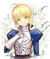 Rule 34 | 1girl, ahoge, armor, artoria pendragon (all), artoria pendragon (fate), blue dress, braid, breastplate, corset, dress, easter lily, fate (series), flower, gauntlets, gorget, green eyes, head tilt, juliet sleeves, lily (flower), long sleeves, looking at viewer, puffy sleeves, saber (fate), smile, solo, vmax-ver, white flower