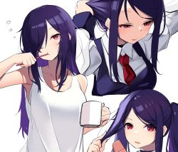 Rule 34 | 1girl, absurdres, adjusting hair, bartender, black vest, blush, breasts, brushing teeth, bubble, collarbone, commentary request, cup, hair dryer, hair over one eye, half-closed eyes, highres, holding, holding cup, holding toothbrush, jill stingray, large breasts, long hair, long sleeves, looking at viewer, mug, multiple views, necktie, parted lips, purple hair, red eyes, red necktie, shirt, simple background, squeans, swept bangs, tank top, toothbrush, twintails, upper body, va-11 hall-a, vest, white background, white shirt, white tank top, yanagui