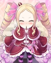 Rule 34 | 1girl, beatrice (re:zero), blonde hair, blush, capelet, checkered floor, closed eyes, commentary request, crown, dress, drill hair, food, food in mouth, fur-trimmed capelet, fur trim, hair ribbon, incoming pocky kiss, long hair, mini crown, pantyhose, pink ribbon, pocky, pocky in mouth, re:zero kara hajimeru isekai seikatsu, red capelet, red dress, ribbon, s (hdru2332), sidelocks, solo, sparkle background, striped clothes, striped pantyhose, twin drills
