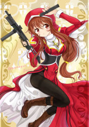 Rule 34 | 1girl, :o, absurdres, artist request, beret, boots, breasts, brown eyes, brown hair, corset, cross, dress, full body, gun, hat, highres, jewelry, long hair, looking at viewer, magazine (object), necklace, nun, original, pantyhose, red dress, submachine gun, weapon