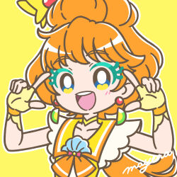 Rule 34 | 1girl, :d, blue eyes, bright pupils, choker, colored eyelashes, cure papaya, earrings, fingerless gloves, gloves, highres, ichinose minori, jewelry, long hair, looking at viewer, mayena, multicolored eyes, open mouth, orange hair, outline, precure, sailor collar, smile, solo, tropical-rouge! precure, upper body, w arms, white outline, white pupils, yellow background, yellow choker, yellow eyes, yellow gloves