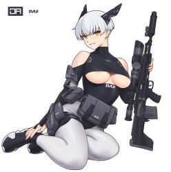 Rule 34 | 1girl, :d, ankle boots, areola slip, artist name, battle rifle, black footwear, black leotard, boots, breasts, bridal gauntlets, bullpup, carbine, cleavage, cleavage cutout, clothes writing, clothing cutout, covered collarbone, dragunov svu, full body, girls&#039; frontline, gun, headgear, highres, holding, holding gun, holding weapon, j adsen, large breasts, leotard, open mouth, original, pantyhose, parted lips, rifle, short hair, shoulder cutout, simple background, sitting, smile, sniper rifle, suppressor, underboob, underboob cutout, weapon, white background, white hair, white pantyhose, yellow eyes, yokozuwari