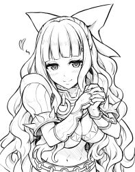 Rule 34 | 1girl, armor, belt, bow, breasts, charlotte (fire emblem), cleavage, closed mouth, fingernails, fire emblem, fire emblem fates, hair bow, half-closed eyes, heart, interlocked fingers, large breasts, long hair, looking at viewer, midriff, monochrome, navel, nintendo, shoulder armor, simple background, smile, solo, spikes, ten (tenchan man), upper body, wavy hair, white background