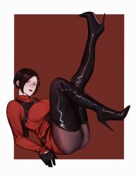 Rule 34 | 1girl, aaamber 22, ada wong, belt, black footwear, black gloves, black hair, boots, border, breasts, chest harness, closed mouth, commentary request, dress, full body, gloves, harness, high heel boots, high heels, highres, holster, knee up, large breasts, leg up, legs, legs up, lipstick, long sleeves, looking at viewer, lying, makeup, on back, outside border, pantyhose, patent boots, patent heels, red lips, red sweater, resident evil, resident evil 4, resident evil 4 (remake), ribbed sweater, short hair, shoulder holster, solo, stiletto boots, stiletto heels, sweater, sweater dress, thigh boots, turtleneck, turtleneck sweater, white border