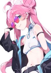 Rule 34 | 1girl, absurdres, ahoge, alternate hairstyle, arm strap, bare shoulders, black jacket, blue archive, blue eyes, blush, breasts, crop top, double bun, hair bun, hair ornament, halo, hand up, highres, hoshino (blue archive), jacket, long hair, long sleeves, looking at viewer, meunhongcha, midriff, navel, off shoulder, one eye closed, open clothes, open jacket, parted lips, pink hair, simple background, small breasts, smile, solo, sunglasses, tinted eyewear, very long hair, white background