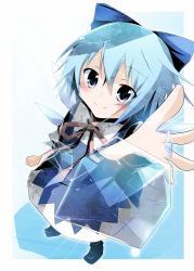 Rule 34 | 1girl, blue eyes, blue hair, blue theme, bow, cirno, dress, female focus, from above, gradient background, hair bow, hakobako, ice, matching hair/eyes, outstretched hand, ribbon, shoes, short hair, smile, solo, touhou, white background, wings
