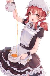 Rule 34 | absurdres, alternate costume, apron, black dress, bow, breasts, commentary, cup, dot nose, dress, enmaided, flower, frilled skirt, frills, hair between eyes, hair bow, hat, highres, idolmaster, idolmaster shiny colors, komiya kaho, looking at viewer, maid, maid apron, mob cap, mochiko (uyu omochi), open mouth, polka dot, polka dot bow, pouring, red hair, rose, saucer, short sleeves, skirt, small breasts, smile, solo, tea, teacup, teapot, twintails, white apron, white background, white hat, wing collar, wrist cuffs