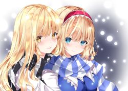 Rule 34 | 2girls, :p, adapted costume, alice margatroid, blonde hair, blue dress, blue eyes, blush, breasts, closed mouth, commentary request, dress, eyes visible through hair, gradient background, hair between eyes, hairband, hug, kirisame marisa, long hair, looking at viewer, medium breasts, multiple girls, nanase nao, no headwear, red hairband, scarf, short hair, simple background, smile, snowing, striped clothes, striped scarf, tongue, tongue out, touhou, upper body, white sleeves, winter clothes, yellow eyes, yuri
