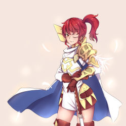 Rule 34 | 1girl, airdoor, anna (fire emblem), armor, belt, blue cape, boots, cape, coat, dress, feathers, fire emblem, fire emblem heroes, gloves, highres, leather, leather gloves, nintendo, one eye closed, pauldrons, red hair, shoulder armor, side ponytail, sidelocks, solo, thigh boots, thighhighs, two-tone cape, white coat, white feathers, yellow eyes, zettai ryouiki