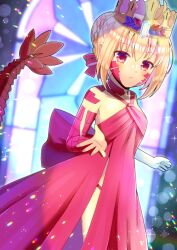 Rule 34 | 1girl, blonde hair, blurry, blurry background, blush, braid, closed mouth, collarbone, commentary request, commission, crown, depth of field, dragon tail, dress, fate/grand order, fate (series), gloves, hair between eyes, hair bun, halterneck, kou hiyoyo, looking at viewer, nero claudius (fate), nero claudius (fate) (all), queen draco (fate), red dress, red eyes, sidelocks, single glove, skeb commission, solo, tail, white gloves