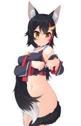 Rule 34 | 1girl, absurdres, animal ear fluff, animal ears, black hair, black shirt, black sleeves, blush, bottomless, breasts, brown eyes, choker, closed mouth, commentary request, crop top, detached sleeves, groin, hair ornament, highres, hololive, long sleeves, looking away, looking down, looking to the side, medium breasts, multicolored hair, navel, ookami mio, ookami mio (1st costume), otaku heishi, red choker, red hair, red neckwear, sailor collar, shirt, simple background, sleeveless, sleeveless shirt, solo, streaked hair, tail, tail censor, twitter username, virtual youtuber, white background, white sailor collar, wolf ears, wolf girl, wolf tail