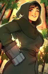 Rule 34 | 1girl, 2020, artist name, black hair, breasts, cowboy shot, dated, fallout (series), green tunic, hand on own hip, highres, hood, hood up, leaf, light blush, looking at viewer, medium breasts, nero arts, one eye closed, parted lips, power fist, short hair, smile, solo, sunlight, teeth, tree, veronica santangelo