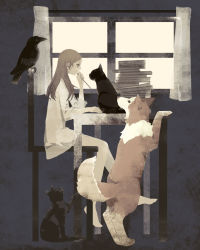 Rule 34 | 1girl, animal, barefoot, bird, black bird, black cat, book, book stack, brown eyes, brown hair, cat, chair, crow, dog, dress, from side, highres, holding, holding pencil, indoors, long hair, long sleeves, original, pencil, pencil to face, sitting, solo, table, tono (rt0no), white dress, window