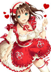Rule 34 | 1girl, :d, amami haruka, apron, bow, breasts, brown hair, choker, cleavage, collarbone, cowboy shot, dress, floating, frilled dress, frills, green eyes, hair bow, headdress, heart, highres, idolmaster, idolmaster (classic), leg ribbon, long hair, looking at viewer, maid headdress, medium breasts, open mouth, red apron, red bow, red ribbon, ribbon, ribbon choker, short sleeves, simple background, smile, solo, standing, thigh ribbon, thighhighs, white background, white dress, white thighhighs, yana mori