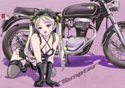 Rule 34 | 1girl, bare shoulders, bell, black gloves, black thighhighs, blonde hair, breasts, brown eyes, cleavage, elbow gloves, garter straps, gloves, hair bell, hair ornament, highres, looking at viewer, maid headdress, medium breasts, motor vehicle, motorcycle, original, purple background, sakuma masanori, solo, thighhighs, tongue, tongue out, twintails