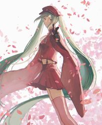 Rule 34 | 1girl, 31tamagokake580, aiguillette, black eyes, black gloves, cherry blossoms, closed mouth, commentary, dutch angle, falling petals, feet out of frame, finger gun, from side, gloves, green hair, half gloves, hat, hatsune miku, highres, jacket, long hair, looking at viewer, looking to the side, midriff, peaked cap, petals, pleated skirt, pointing, pointing at viewer, red hat, red jacket, red skirt, red thighhighs, senbon-zakura (vocaloid), skirt, solo, standing, swept bangs, thighhighs, twintails, very long hair, vocaloid, white background, wide sleeves
