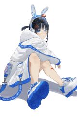 Rule 34 | 1girl, absurdres, bandaid, bandaid on leg, black hair, blue eyes, blue theme, blush, bunny headphones, closed mouth, commentary request, full body, hair ornament, headphones, highres, hood, hood down, hoodie, knees up, long sleeves, looking at viewer, mashiro kta, one side up, original, reaching, reaching towards viewer, shoes, short hair, sidelocks, simple background, sitting, sneakers, solo, white background, white footwear, white hoodie