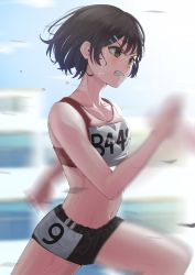 Rule 34 | 1girl, absurdres, arisugawa bii, bare legs, black eyes, black hair, blurry, blurry background, breasts, building, clenched teeth, flying sweatdrops, hair ornament, hairclip, highres, motion blur, numbered, original, outdoors, playing sports, running, serious, short hair, short shorts, shorts, sleeveless, small breasts, sports bra, sportswear, stomach, sweat, teeth, thighs, track and field