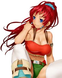 Rule 34 | 10s, 1girl, armlet, bellows (suisei no gargantia), belt, blue eyes, blush, boots, breasts, cleavage, earrings, hair ornament, highres, hoop earrings, jewelry, large breasts, long hair, midriff, navel, onsoku inu, ponytail, red hair, scrunchie, short shorts, shorts, simple background, sitting, smile, solo, spread legs, suisei no gargantia, thighhighs, white background, white thighhighs