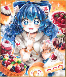 Rule 34 | + +, 1girl, arms up, bangle, blue eyes, blue hair, blueberry, blush, bracelet, cake, cherry, chocolate syrup, commentary, cupcake, debt, drawstring, finger to own chin, food, fruit, fruit tart, grey hoodie, hair between eyes, hair ribbon, highres, hood, hood down, hoodie, ice cream, jewelry, long hair, looking at viewer, maa (forsythia1729), marker (medium), open mouth, orange background, pudding, raspberry, ribbon, shikishi, short sleeves, shortcake, solo, sparkle, strawberry, swiss roll, tart (food), touhou, traditional media, very long hair, whipped cream, yorigami shion