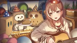Rule 34 | 1girl, ahoge, balloon, berry, black choker, bottle, brown eyes, brown hair, brown hoodie, cake, cake slice, choker, crossed bangs, earrings, erezu, food, food-themed earrings, friend (nanashi mumei), guitar, happy birthday, hat, holding, holding instrument, hololive, hololive english, hood, hoodie, hooman (nanashi mumei), hootsie (nanashi mumei), instrument, jewelry, long hair, multicolored hair, nanashi mumei, nanashi mumei (casual), necklace, official alternate costume, oversized clothes, party hat, pillow, plate, red shirt, shirt, sleeves past wrists, smile, strawberry shortcake, streaked hair, sweater, teeth, virtual youtuber, white sweater, wide sleeves