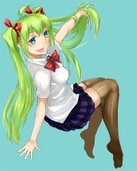Rule 34 | 1girl, ahoge, aqua background, aqua eyes, arm support, bow, bowtie, full body, green hair, hair ribbon, twirling hair, hatsune miku, invisible chair, long hair, open mouth, outstretched arm, ribbon, sitting, skirt, solo, thighhighs, twintails, vocaloid, yuki tarou