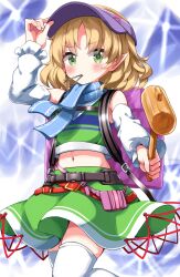 Rule 34 | 1girl, alternate costume, backpack, bag, belt, blonde hair, blue background, blue scarf, blush, brown belt, commentary, crop top, detached sleeves, feet out of frame, flat chest, green eyes, green shirt, green skirt, hand on headwear, highres, holding, holding mallet, looking at viewer, loose belt, mallet, medium bangs, medium hair, midriff, mizuhashi parsee, nail, navel, parted bangs, pointy ears, purple bag, purple headwear, red belt, ruu (tksymkw), scarf, shirt, skirt, skirt set, solo, standing, thighhighs, touhou, visor cap, white sleeves, white thighhighs