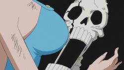 Rule 34 | 1boy, 1girl, animated, animated gif, breast press, breasts, brook (one piece), large breasts, long hair, lowres, nami (one piece), one piece, orange hair