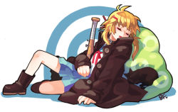 Rule 34 | baseball bat, bf. (sogogiching), blonde hair, boots, cat, closed eyes, school uniform, serafuku, sleeping, solo