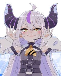 Rule 34 | 1girl, ahoge, ascot, bare shoulders, black dress, black horns, braid, braided bangs, detached sleeves, dress, grey hair, headpiece, headset, highres, hololive, horns, kozakura-kun, la+ darknesss, la+ darknesss (1st costume), long hair, looking at viewer, multicolored hair, nail polish, pinafore dress, pointy ears, purple hair, sleeveless, sleeveless dress, sleeves past fingers, sleeves past wrists, smile, solo, streaked hair, striped horns, sweat, virtual youtuber, yellow ascot