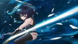 1girl absurdres attack bare_shoulders black_gloves black_thighhighs blue_eyes blue_hair breasts dynamic_pose elbow_gloves fighting fighting_stance gloves glowing hair_intakes highres holding holding_sword holding_weapon hololive hololive_english large_breasts light_trail looking_at_viewer ouro_kronii shards slicing solo somebody_(leiking00) sword thighhighs tight_clothes virtual_youtuber weapon