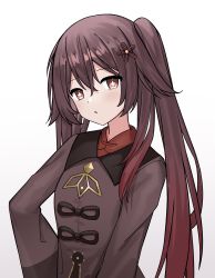 Rule 34 | 1girl, absurdres, brown hair, chinese clothes, coat, flower-shaped pupils, genshin impact, gradient hair, hair between eyes, hair ornament, highres, hu tao (genshin impact), long sleeves, looking at viewer, multicolored hair, nagisa (cxcx5235), red eyes, red shirt, shirt, symbol-shaped pupils, white background