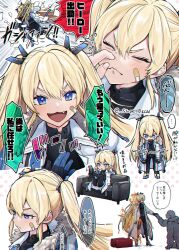 Rule 34 | 1girl, :&lt;, :/, :d, armored bodysuit, armored boots, bandaid, bandaid on cheek, bandaid on face, black bodysuit, black gloves, blonde hair, blue eyes, blue gloves, bodysuit, boots, burning, chibi, chibi inset, closed eyes, coat, couch, fang, fire, fur collar, gloves, goddess of victory: nikke, hand on own chest, headgear, highres, laplace (nikke), light blush, long hair, looking at viewer, looking down, multiple views, nose pinch, on couch, open mouth, sidelocks, smile, speech bubble, super0kcal, twintails, twitter username, two-tone gloves, white coat