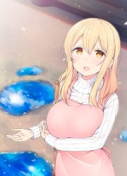 Rule 34 | 1girl, apron, blonde hair, blue sky, breasts, day, huge breasts, long hair, long sleeves, looking up, nekoume, orange eyes, outdoors, parted lips, petals, pink apron, puddle, reflection, ribbed sweater, sky, solo, standing, sunohara ayaka, sunoharasou no kanrinin-san, sweater, white sweater