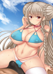 Rule 34 | 1boy, 1girl, akino hamo, alternate costume, areola slip, azur lane, bare shoulders, bikini, blue bikini, braid, braided bun, breasts, bulge, choker, cleavage, collarbone, covered erect nipples, day, double bun, erection, erection under clothes, formidable (azur lane), formidable (the lady of the beach) (azur lane), girl on top, hair between eyes, hair bun, highres, large breasts, long hair, multi-strapped bikini bottom, multi-strapped bikini top, multicolored bikini, multicolored clothes, navel, outdoors, shiny skin, sitting, skindentation, solo focus, spread legs, stomach, sweat, swimsuit, teasing, thick thighs, thighhighs, thighs, twin braids, very long hair, white thighhighs