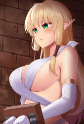 Rule 34 | 1girl, bare shoulders, blonde hair, blush, breasts, brick wall, closed mouth, elbow gloves, elf, from side, gloves, green eyes, huyumitsu, large breasts, lips, long hair, looking ahead, original, pointy ears, sideboob, solo, upper body, white gloves