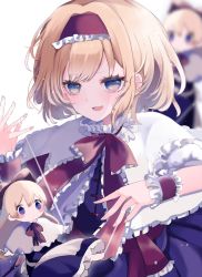 Rule 34 | 1girl, :d, alice margatroid, an (miyoshi ruu), apron, blonde hair, blue dress, blue eyes, blurry, blush, blush stickers, bow, capelet, closed mouth, commentary, depth of field, dot mouth, dress, frilled bow, frills, headband, highres, long hair, looking at viewer, open mouth, puppet strings, red bow, red headband, shanghai doll, short hair, short sleeves, smile, solo, touhou, waist apron, white capelet, wrist cuffs