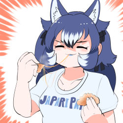 Rule 34 | 1girl, animal costume, animal ear fluff, animal ears, blue hair, breasts, closed mouth, dire wolf (kemono friends), eating, closed eyes, highres, kemono friends, kemono friends v project, large breasts, long hair, mcgunngu, ribbon, shirt, simple background, smile, solo, virtual youtuber, white shirt, wolf costume, wolf ears, wolf girl