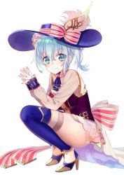 Rule 34 | 1girl, ascot, atelier (series), blue ascot, blue eyes, blue hair, blue hat, blue thighhighs, bow, closed mouth, full body, hat, hat bow, light blue hair, looking at viewer, minatoasu, nelke to densetsu no renkinjutsushi tachi, nelke von luchetam, own hands together, short hair, side ponytail, simple background, skirt, smile, solo, squatting, striped, striped bow, thighhighs, white background