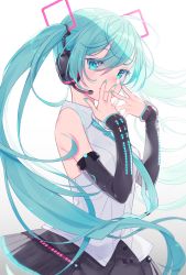 Rule 34 | 1girl, aqua hair, aqua nails, aqua necktie, bare shoulders, black skirt, black sleeves, blue eyes, breasts, closed mouth, collared shirt, commentary request, detached sleeves, floating hair, gradient background, grey background, hair between eyes, hair ornament, hands up, hatsune miku, hatsune miku (vocaloid4), headphones, headset, highres, long hair, long sleeves, looking at viewer, nail polish, necktie, pleated skirt, shirt, skirt, sleeveless, sleeveless shirt, small breasts, smile, solo, somnium, twintails, very long hair, vocaloid, white background, white shirt