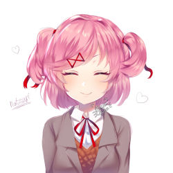 Rule 34 | 1girl, ^ ^, artist name, bad id, bad instagram id, blazer, blush, breasts, character name, closed eyes, collared shirt, commission, doki doki literature club, facing viewer, fang, greenpantsu, grey jacket, hair ornament, hairclip, heart, jacket, long sleeves, natsuki (doki doki literature club), open mouth, orange vest, pink hair, portrait, red neckwear, red ribbon, ribbon, school uniform, shirt, short hair, simple background, smile, solo, two side up, vest, watermark, white background, white shirt