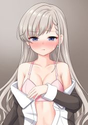 Rule 34 | 1girl, :t, bare shoulders, black jacket, blue eyes, blush, bra, braid, braided bangs, breasts, cleavage, closed mouth, collarbone, collared shirt, commentary request, dress shirt, earrings, grey background, grey hair, half-closed eyes, highres, hisakawa hayate, idolmaster, idolmaster cinderella girls, idolmaster cinderella girls starlight stage, jacket, jewelry, juliet sleeves, long hair, long sleeves, medium breasts, mitsumine raimu, nose blush, off shoulder, open clothes, open shirt, pink bra, pouch, puffy sleeves, shirt, sleeves past wrists, solo, sweat, underwear, undressing, upper body, very long hair, white shirt