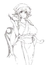 Rule 34 | 1girl, animal ears, bird ears, bird wings, blush, breasts, closed mouth, holding, japanese clothes, large breasts, long sleeves, monochrome, monyomoke, mystia lorelei, okamisty, short hair, simple background, smile, solo, touhou, white background, wide sleeves, wings