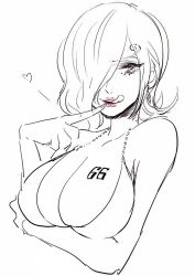 Rule 34 | 1girl, bare arms, bare shoulders, breasts, cape, cleavage, female focus, hair over one eye, headphones, large breasts, lipstick, looking at viewer, makeup, one eye covered, one piece, pink lips, scarf, short hair, smile, solo, tattoo, tongue, tongue out, vinsmoke reiju