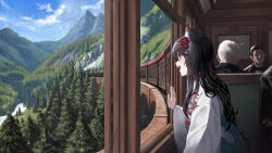 Rule 34 | 1girl, animal ears, black hair, ebiri fy, forest, japanese clothes, kimono, mountain, nature, original, train, train interior