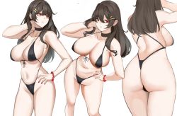 Rule 34 | 1girl, arm behind head, ass, bad id, bad pixiv id, bare shoulders, bikini, black bikini, black choker, black hair, bracelet, breasts, choker, cleavage, covered erect nipples, from behind, front-tie bikini top, front-tie top, gongba laoge, hair between eyes, hair ornament, hairclip, hand on own hip, highleg, highleg bikini, jewelry, large breasts, long hair, looking at viewer, looking to the side, mole, mole on breast, multiple views, nail polish, navel, original, parted lips, red eyes, red nails, sideboob, simple background, swimsuit, thighs, thong, thong bikini